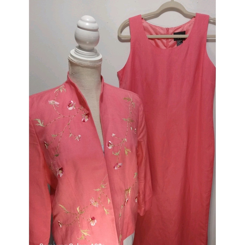 Positive Attitude Salmon Linen Size 12 Floral Embroidered 2 Piece Dress Set